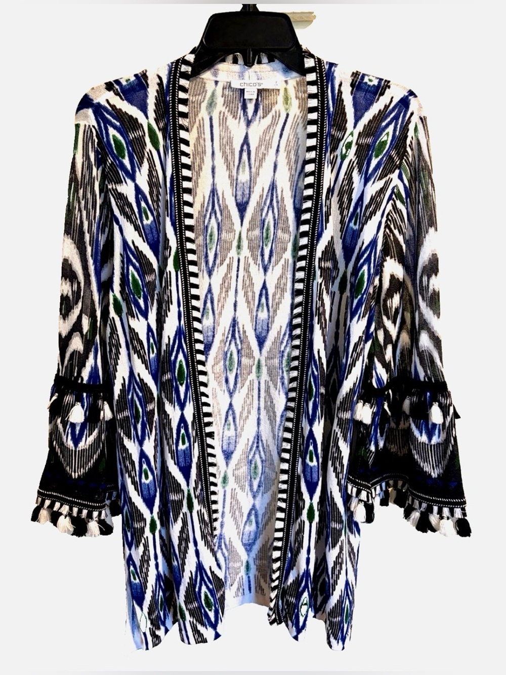 Chico’s Open Front Kimono Cardigan 2 L Ikat Tassel Bell Sleeve Blue Green